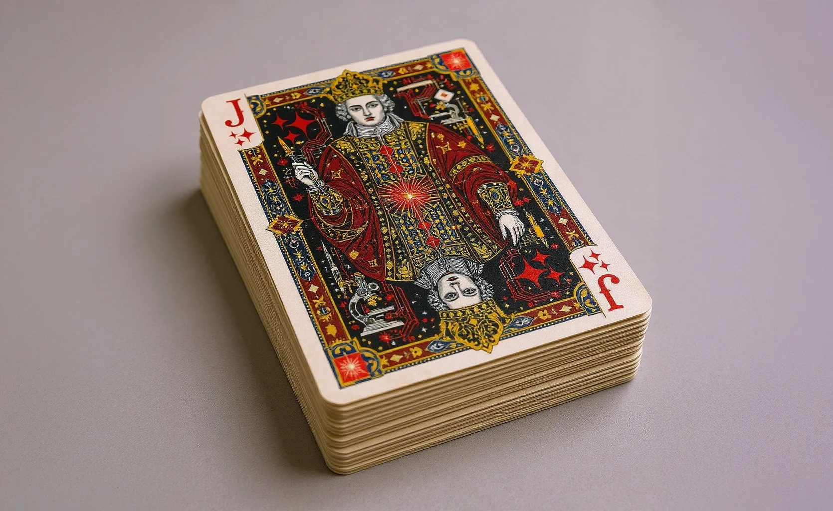 Deck of cards with a jack of diamonds on top in which the diamond icon has been replaced with the AI-sparkle icon.