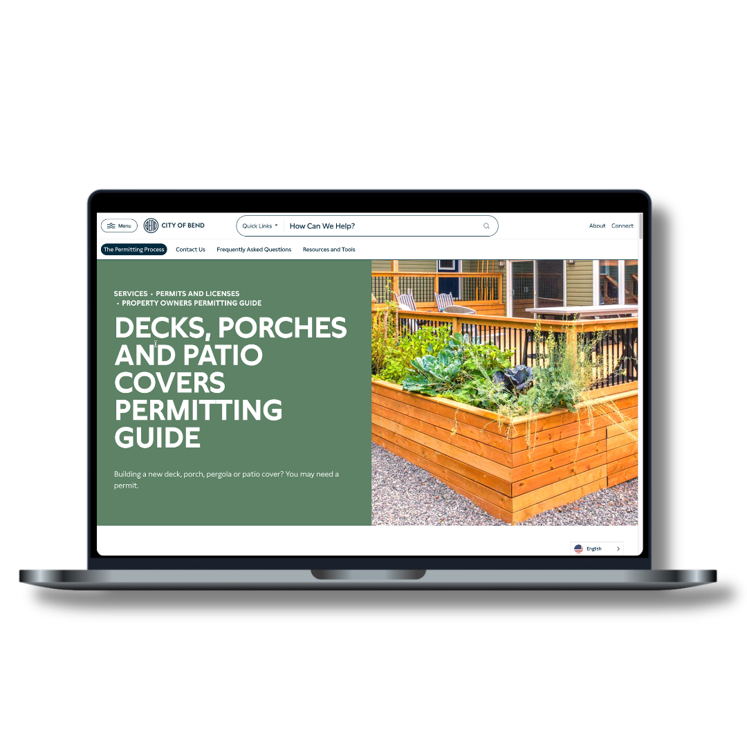 Mock-up of the City of Bend's Decks, Porches, and Patio Covers Permitting Guide page.