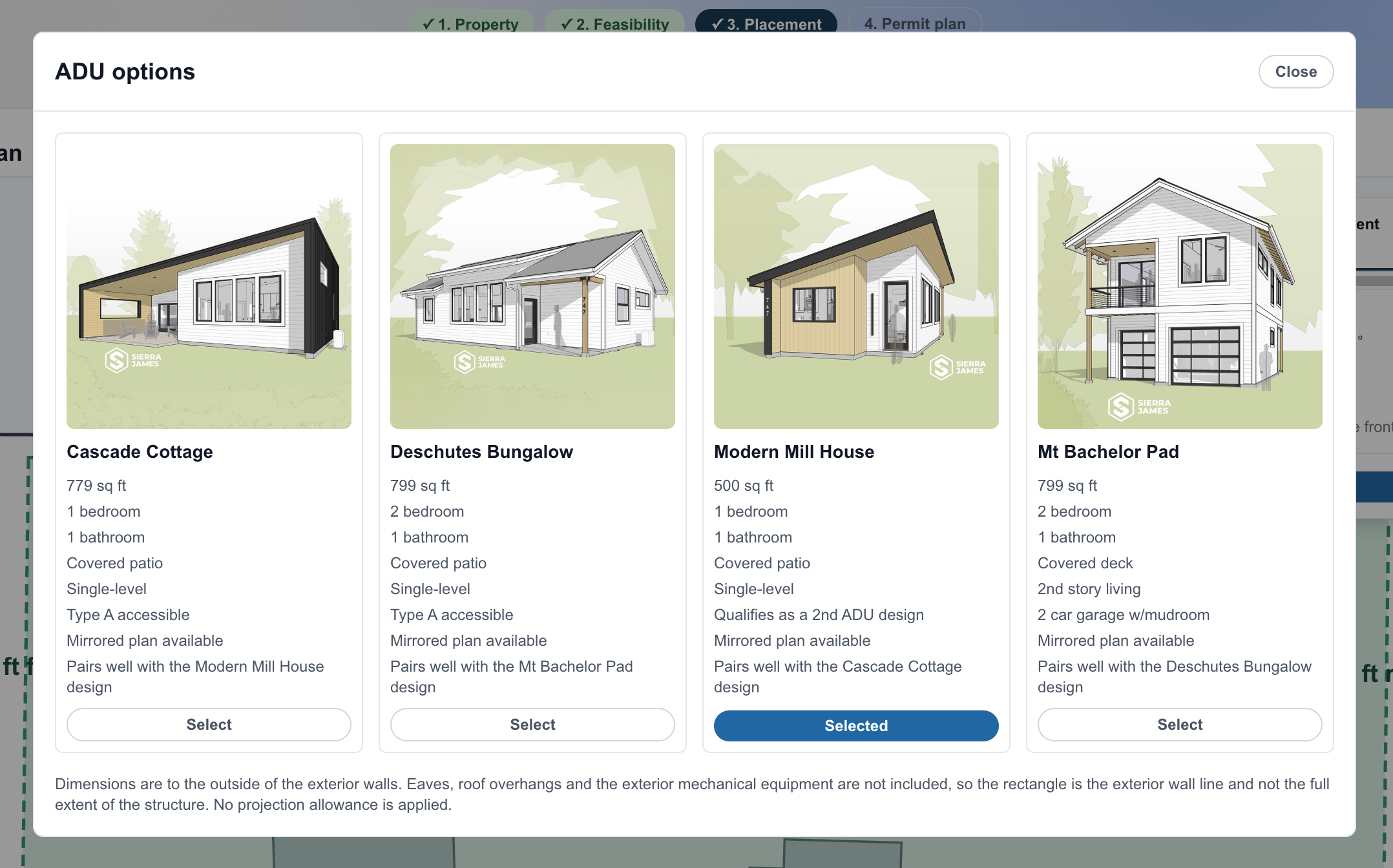 Screenshot showing 4 of the City of Bend's pre-approved ADU plans and some key details for each; part of the third step in the product flow: Placement.
