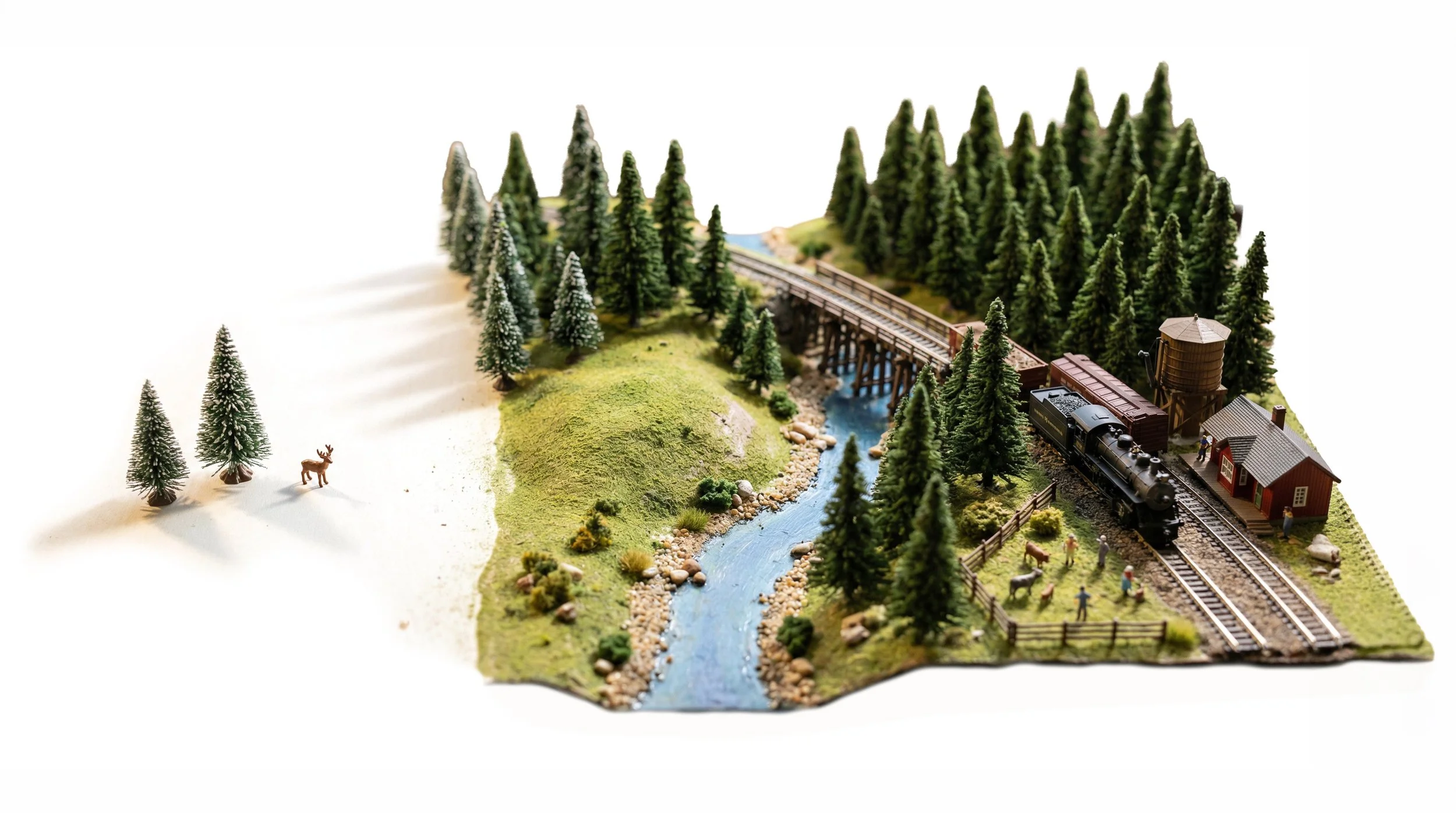 Small train set diorama fully built on one side and sparse with only two trees and a deer against a white background on the left.