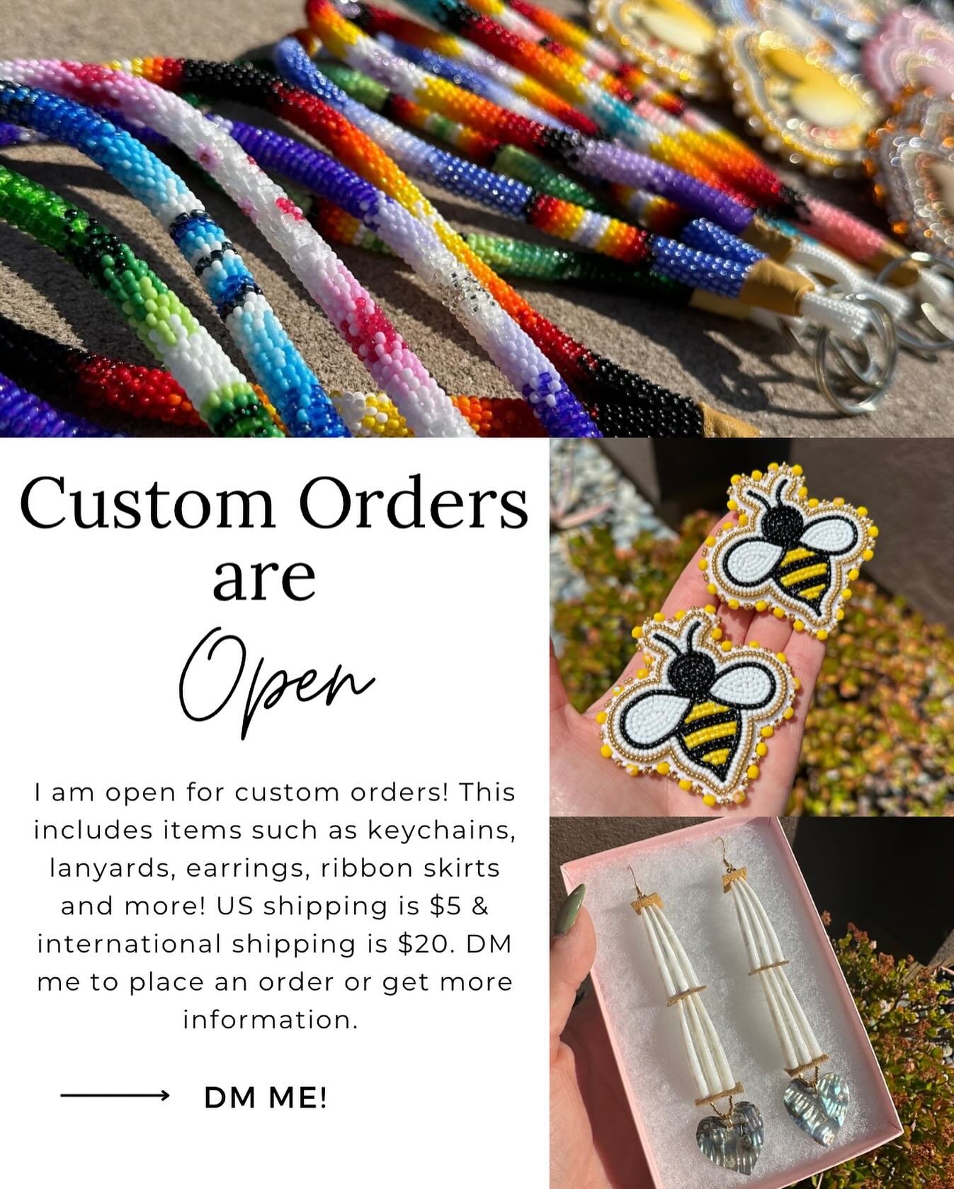 Custom orders are open! I always get a lot of questions about custom orders, please Dm me if you are interested! 

#beadwork #beadedearrings #beadedkeychains #ribbonskirts