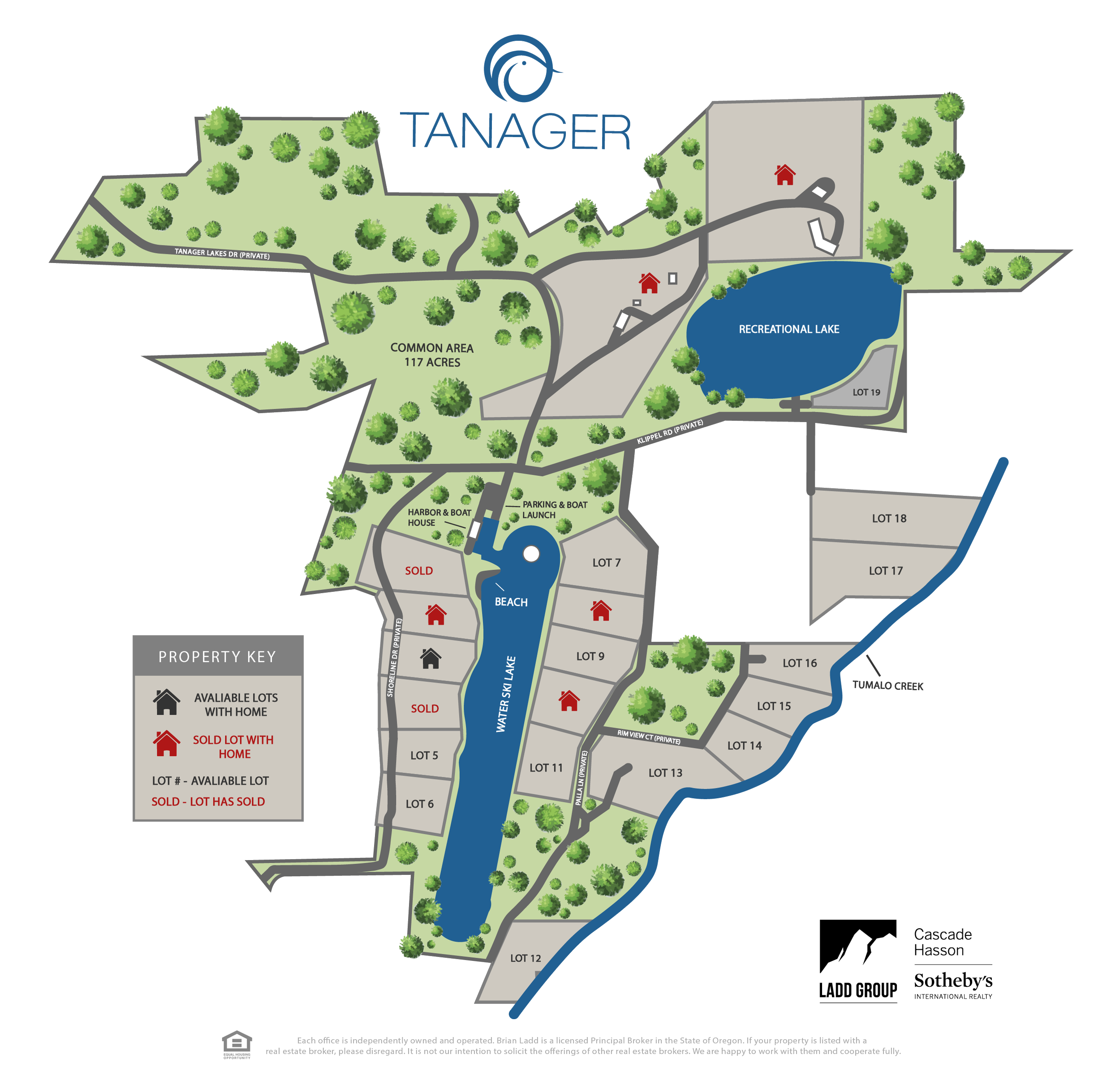 Map of Tanager with the distinctive lots and homes sold and available.