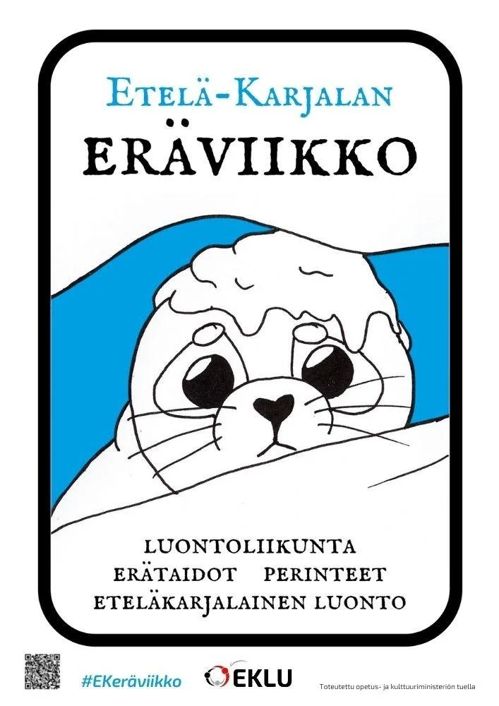 Etelä-Karjalan eräviikon mainosjuliste, jossa teksti "Etelä-Karjalan eräviikko Luontoliikunta Erätaidot Perinteet Eteläkarjalainen luonto" sekä hashtag EKeräviikko ja logoja.