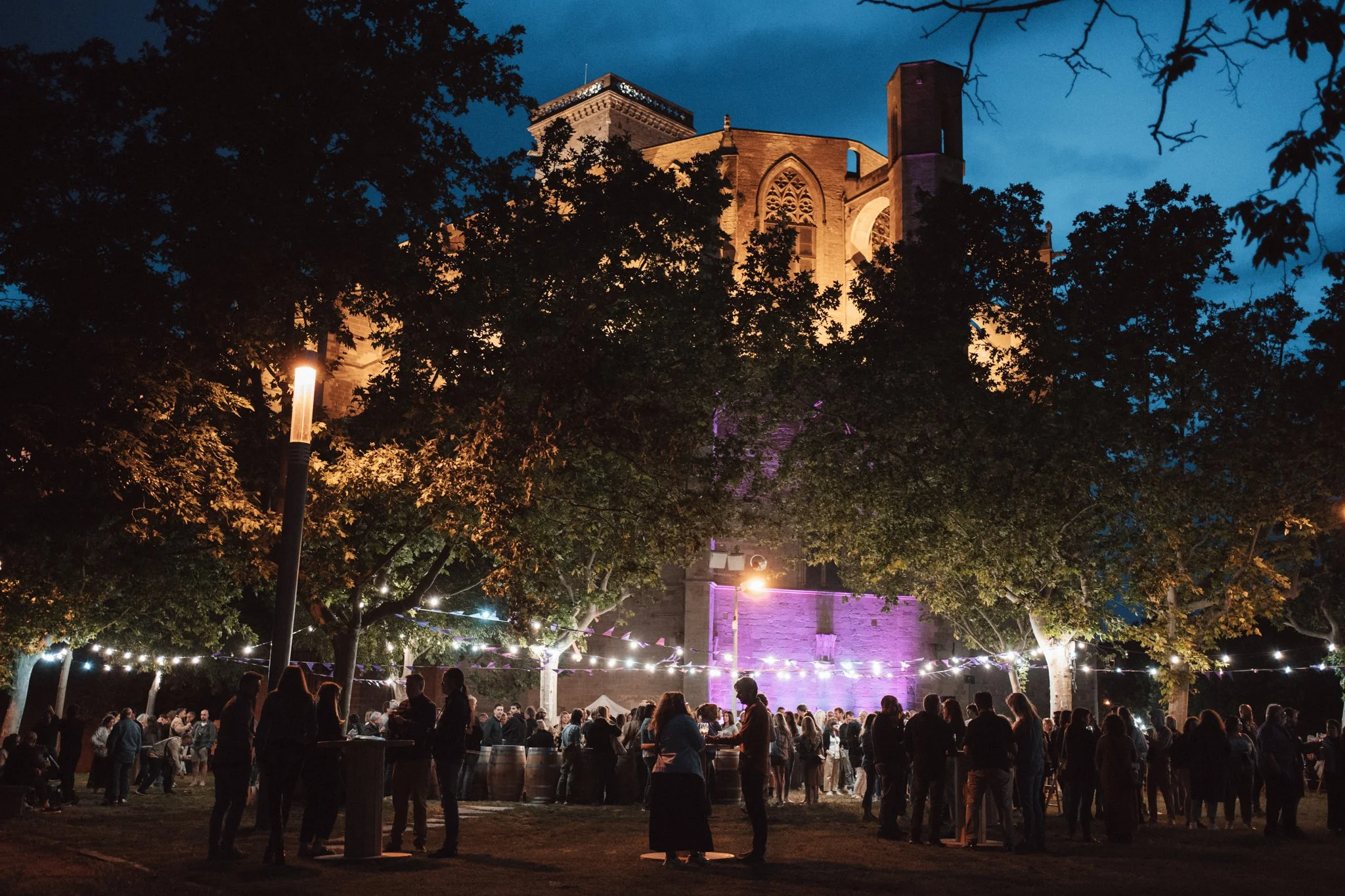 A nighttime scene of an outdoor event with a crowd of people gathered under string lights. In the background, a historic stone church or cathedral with illuminated windows is partially hidden by trees. The sky is dark blue with some clouds, and the s