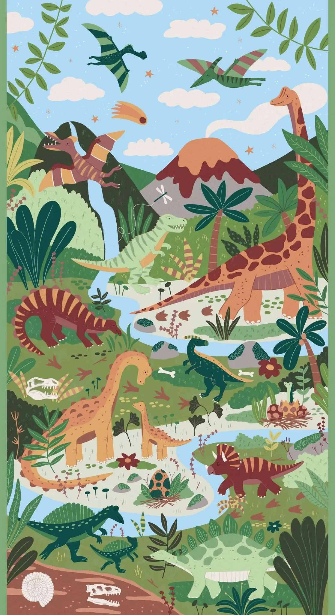 'Prehistoric' Panel 100% Cotton By Makower, 24x44" 170/1