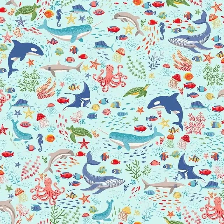 'Sea Creatures' 100% Cotton By Makower, 112cms wide, 137/B2 (per metre)