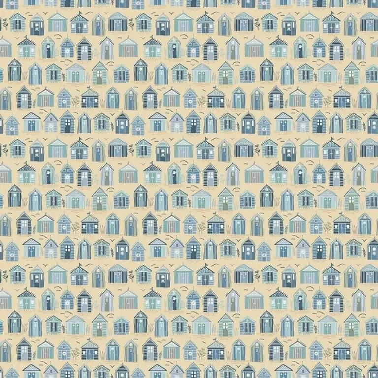 'Driftwood Beach Huts Cream' 100% Cotton By Makower, 174/Q5, 112cms wide (per 0.25cms)