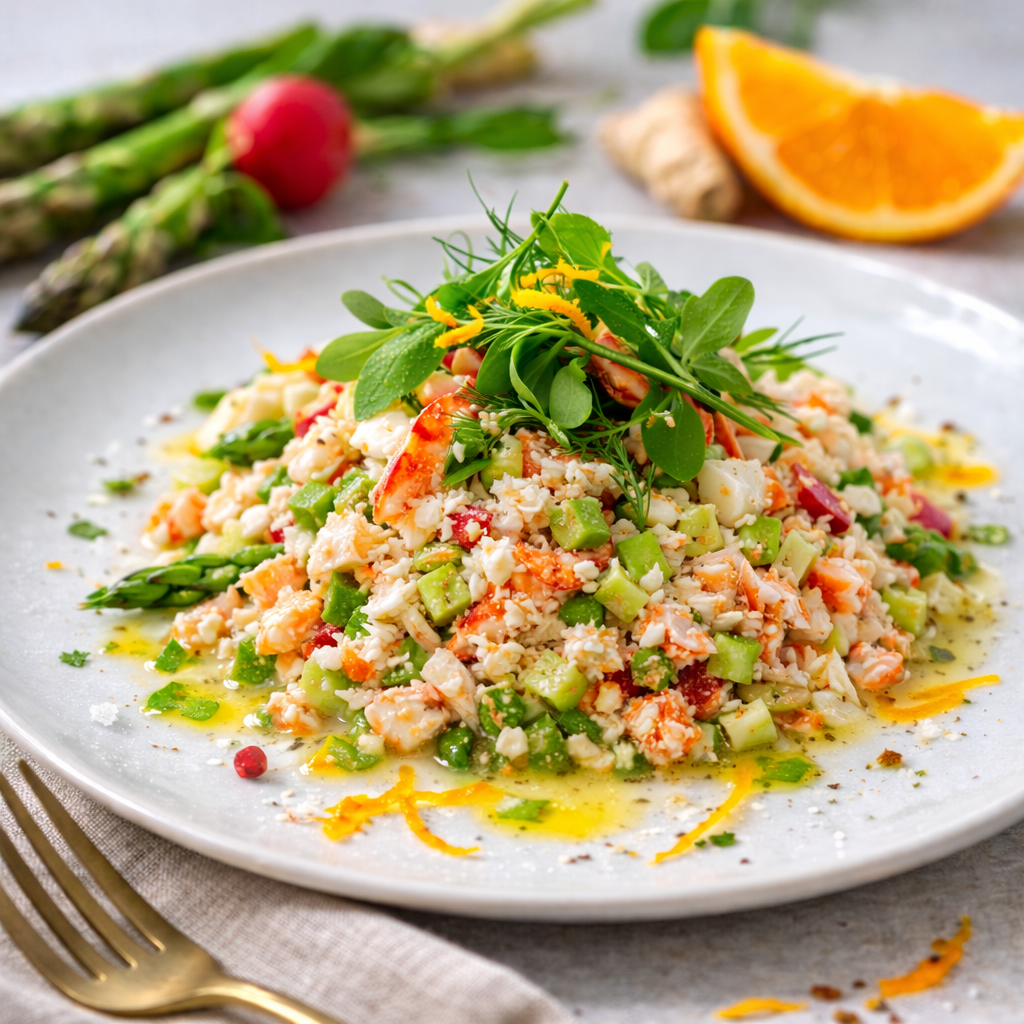Salade printanière légumes croquants et miettes de langouste (4 personnes)