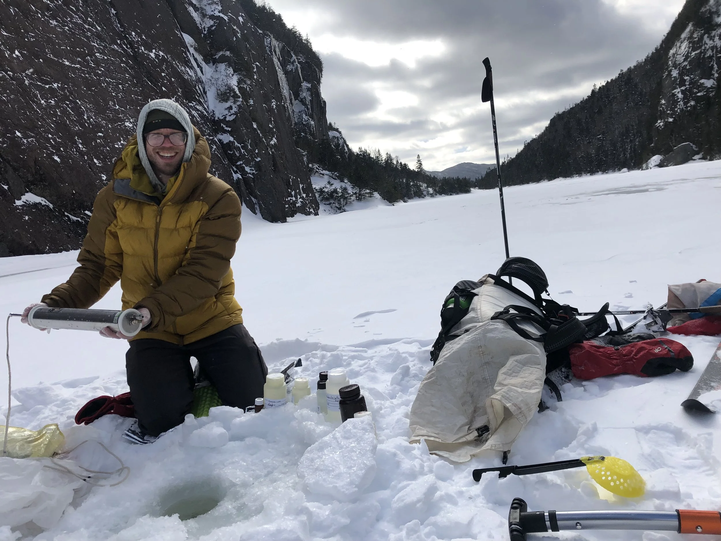 Bobby Clark, sampling Avalanche Lake, High Peaks Wilderness. Febraury 2024