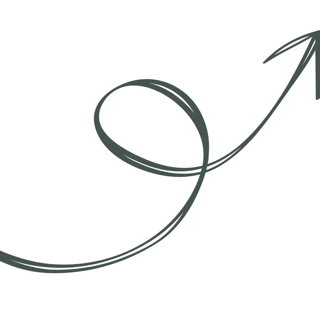 Minimalist black line drawing of a curled ribbon with an arrow on a white background.