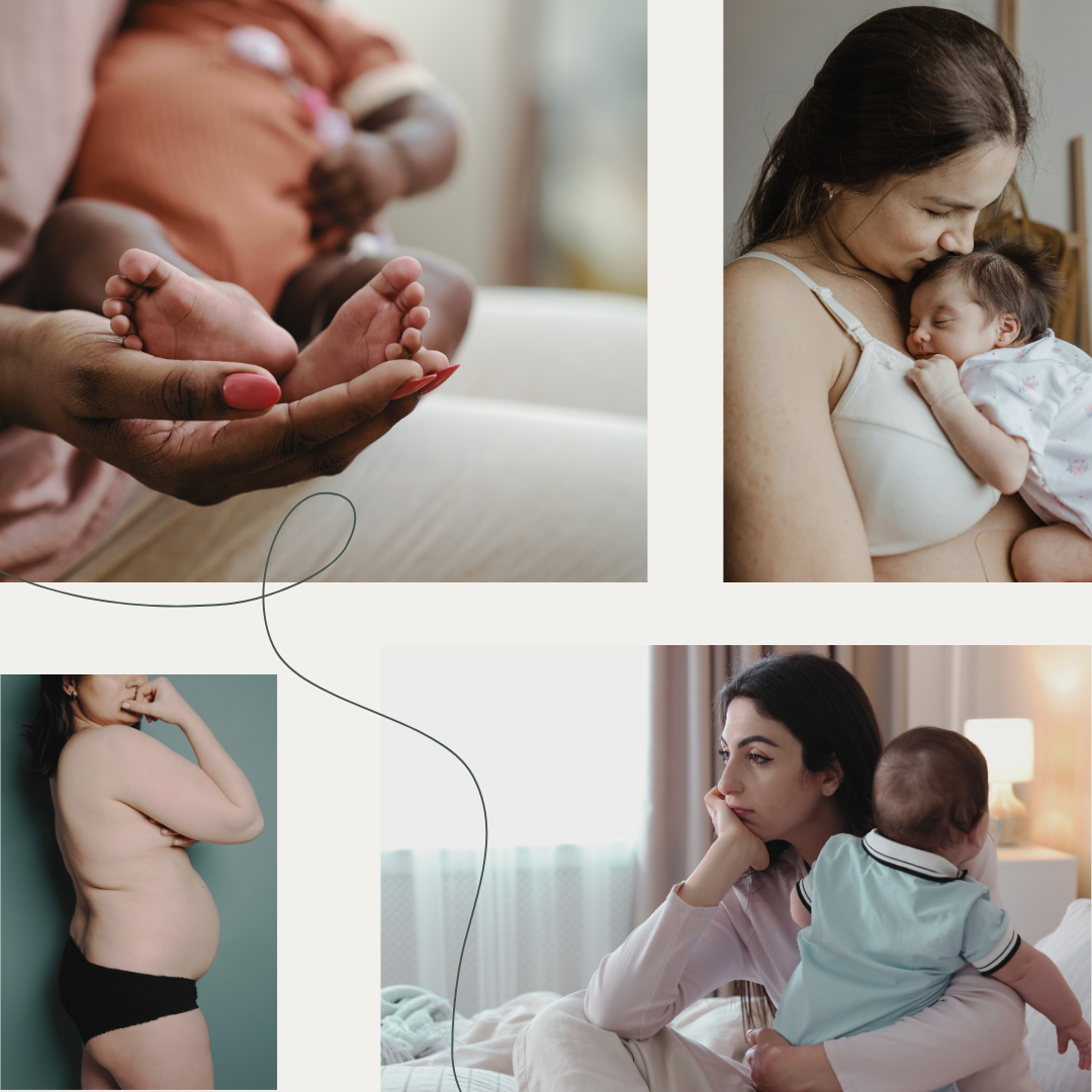 Collage of four images: a hand holding a tiny baby foot, a mother tenderly holding a sleeping baby on her chest, a pregnant woman in underwear touching her belly, and a woman with a baby sitting on a bed looking thoughtful.