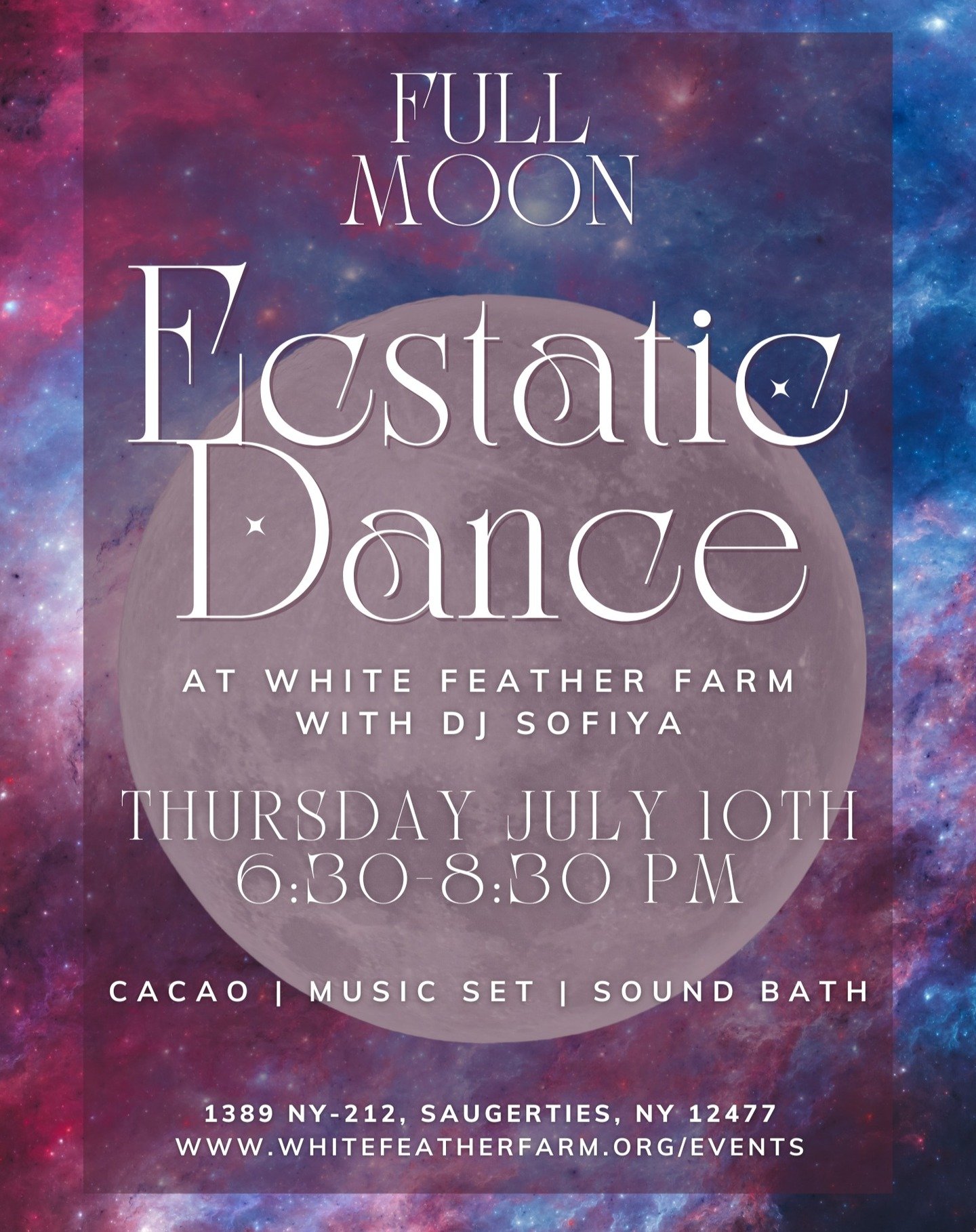 🌕 You're invited: Full Moon Ecstatic Dance 🌕
Thursday, July 10 | 6:30&ndash;8:30 PM

Let&rsquo;s come together under the Capricorn Full Moon for an evening of movement, connection, and release. We'll begin with cacao and intention setting, dance fr