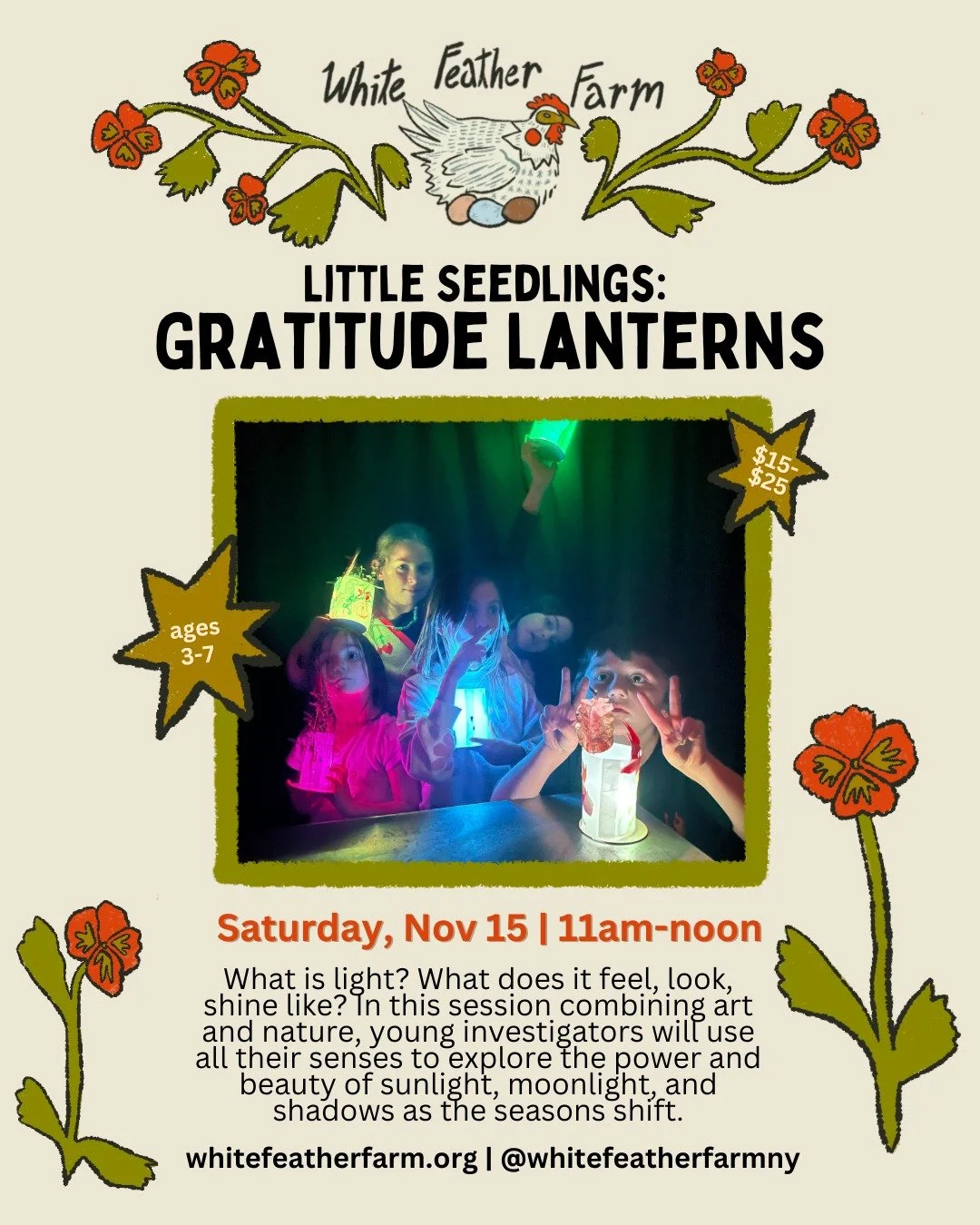 What is light? What does it feel, look, shine like? ✨

As the growing season slows and sunlight shifts, we enter a time of rest and reflection. This Saturday, our Little Seedlings will explore the power and beauty of light, from sun to moon to shadow