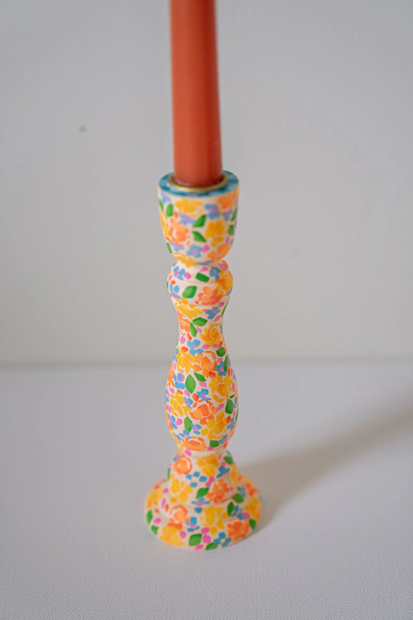 Hand painted Floral Taper Candle Holder | White + Peach