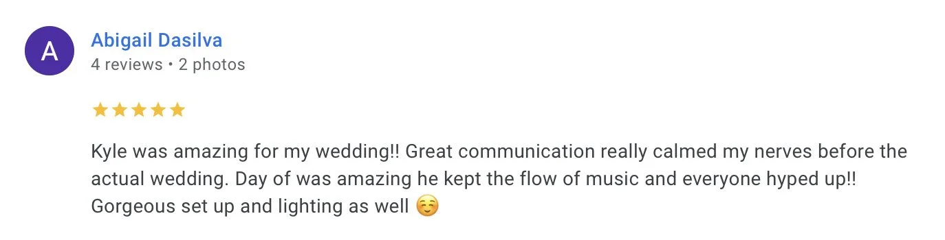 Screenshot of a Google review for a wedding event planner. The reviewer praises Kyle for his communication and setup, mentioning the music, lighting, and overall atmosphere.
