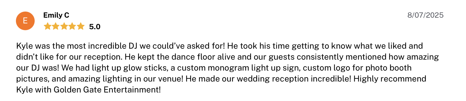 Customer review with a five-star rating for a DJ at a wedding reception, mentioning custom lighting and glowing sign.