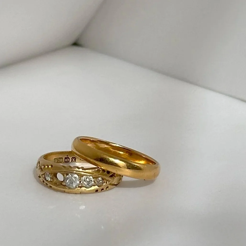 Heritage flow rings before remodelling transformation- 18 carat antique gold wedding and engagement set