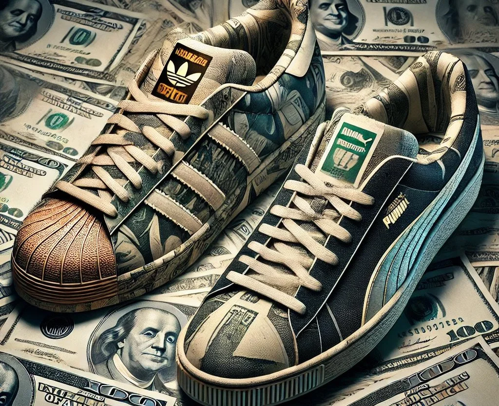 Sneakers War — deux chaussures Adidas et Puma sur des billets de banque