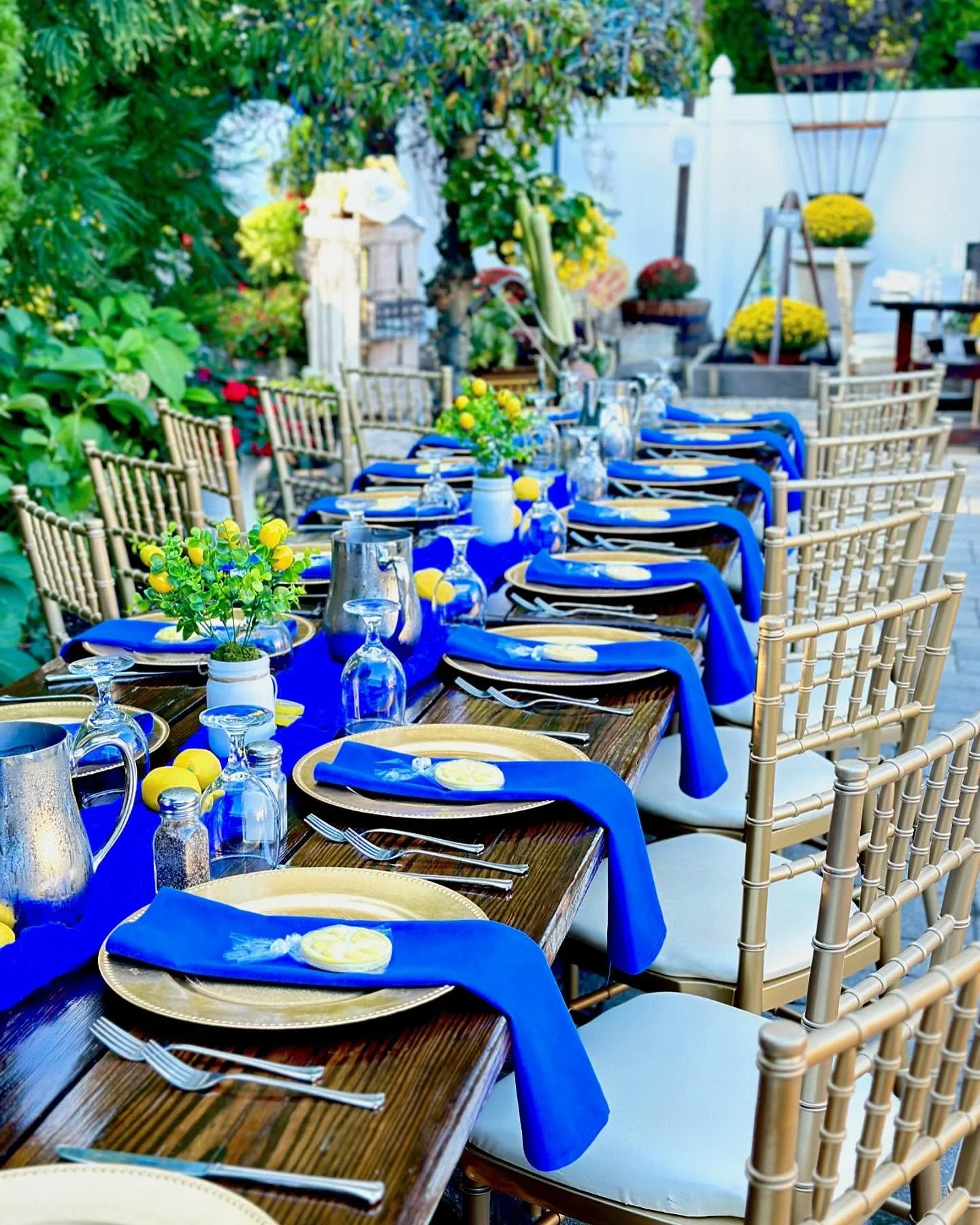Outdoor dining table set for a meal with blue napkins, lemon slices, glasses, and floral centerpieces, surrounded by wooden chairs in a garden with green foliage and yellow flowers.