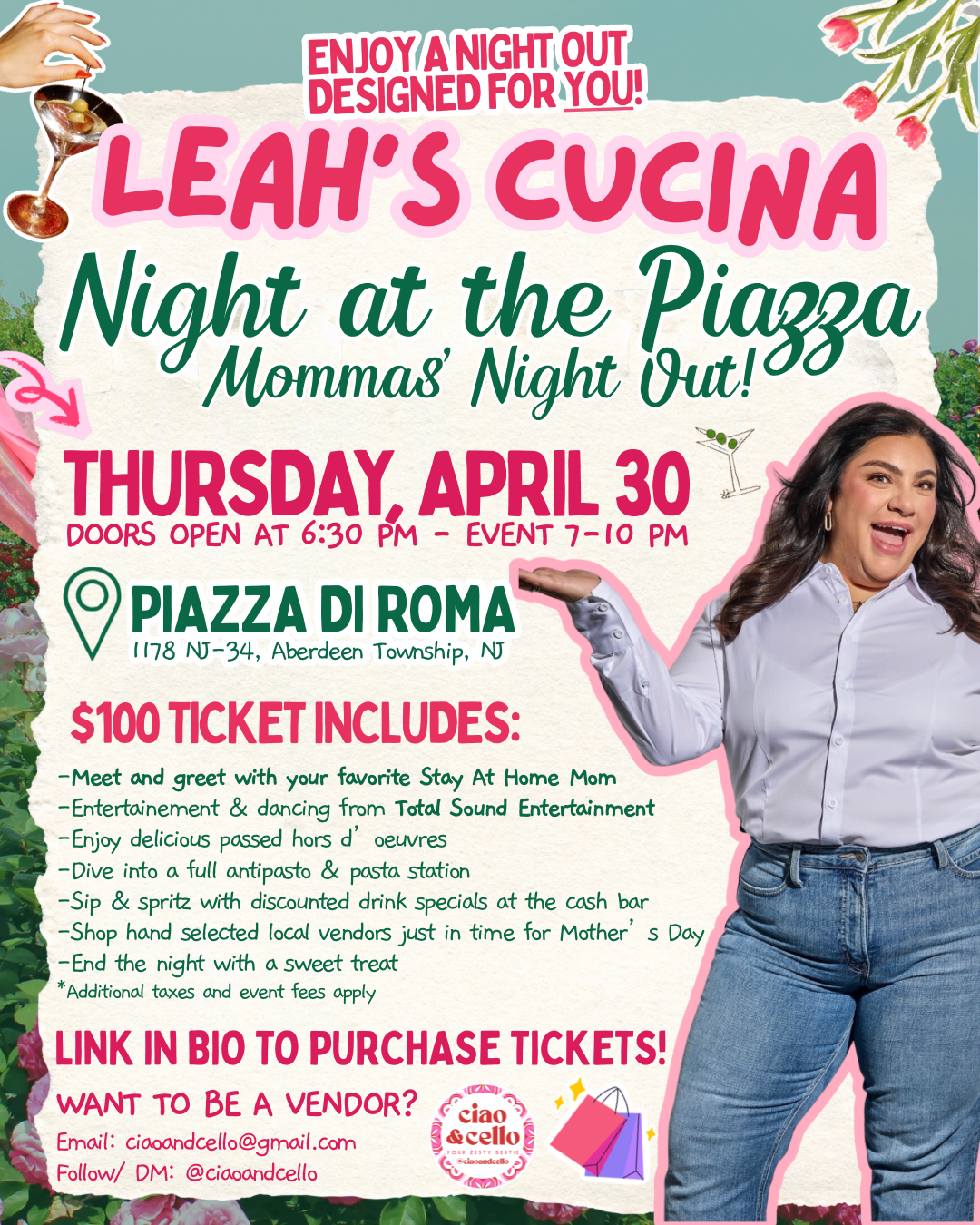 Leah's Cucina Night at the Piazza - Mommas' Night Out event flyer,  Thursday April 30 at Piazza di Roma Aberdeen NJ