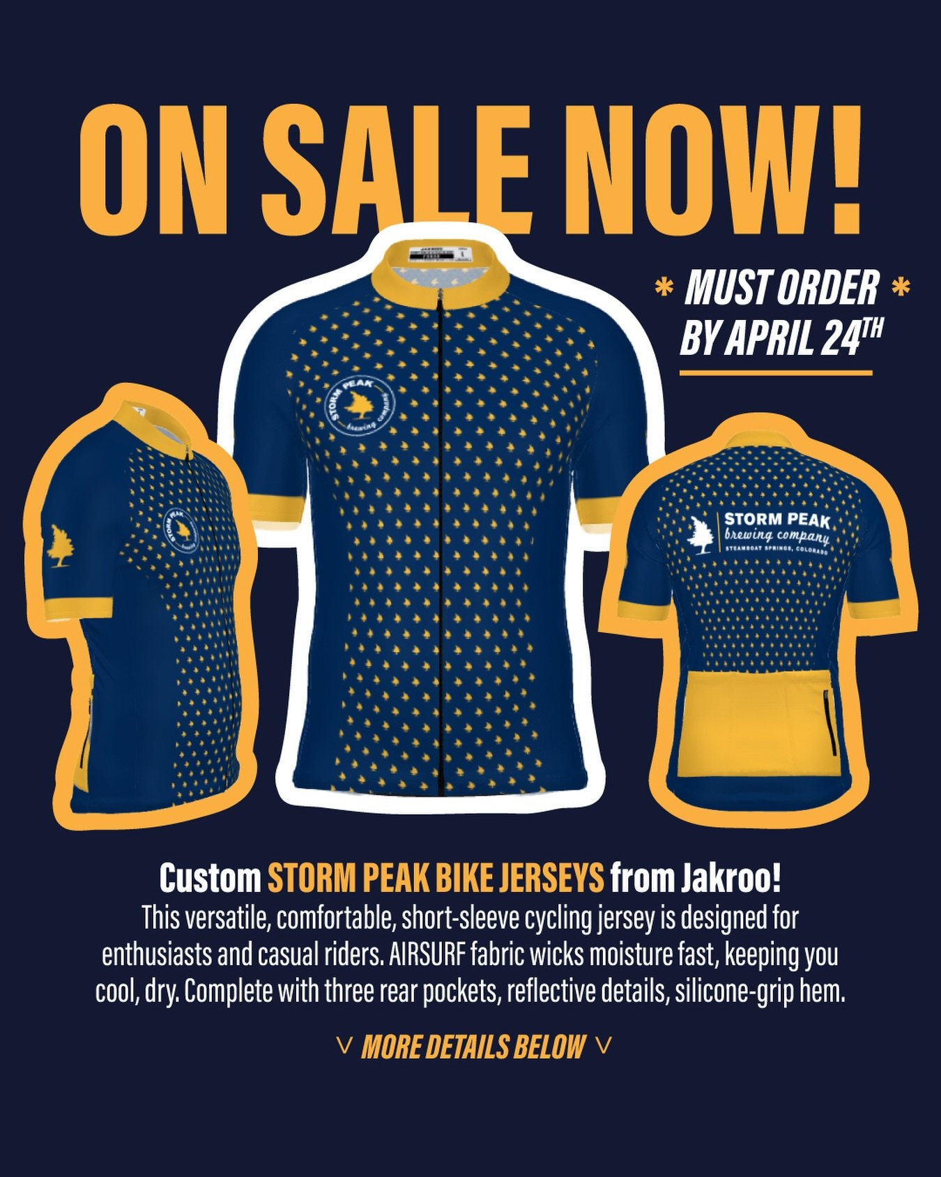 💥ON SALE NOW! Must order by April 24th.

🚴🚴🏼&zwj;♀️Custom STORM PEAK BIKE JERSEYS from Jakroo! This versatile, comfortable, short-sleeve cycling jersey is designed for enthusiasts and casual riders. AIRSURF fabric wicks moisture fast, keeping you