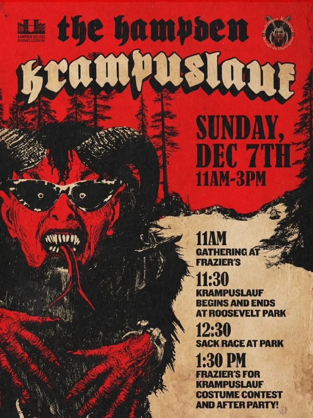 THIS SUNDAY, DECEMBER 7TH&hellip;Krampus returns to The Avenue!!! 👹🎄

Join Hampden&rsquo;s wildest holiday tradition! Watch mythical creatures parade through Roosevelt Park, race in costume, and party with your neighbors.

📍 Sunday, Dec 7 | 11am-3