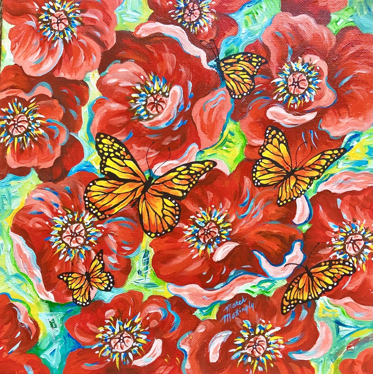 Poppies #8 and Butterflies.12x12.acrylics on canvas.by March Mattingly.1200 pixels - March Mattingly.jpg