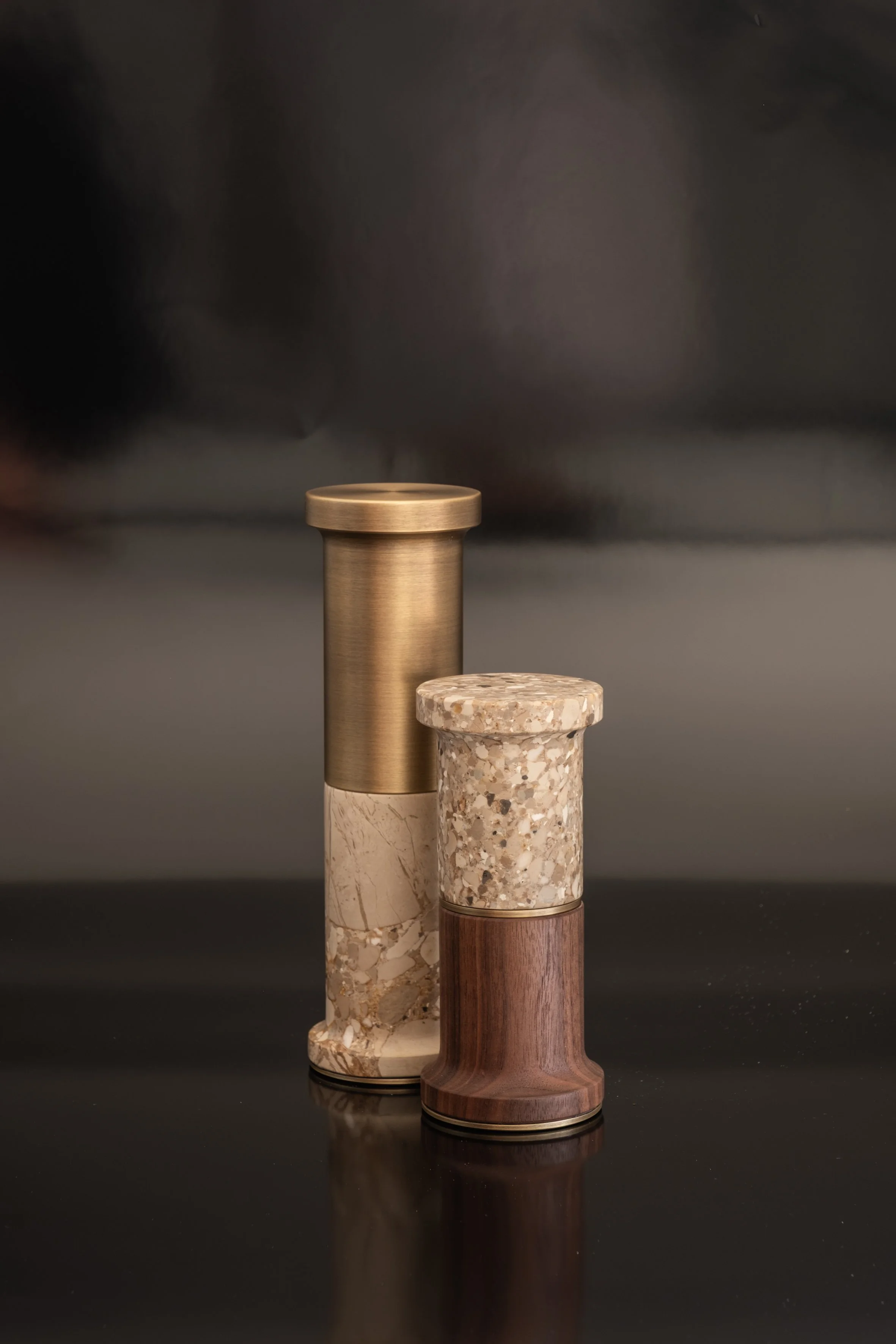 Column Collection in Ceppo Beige, Brushed Brass and American Walnut