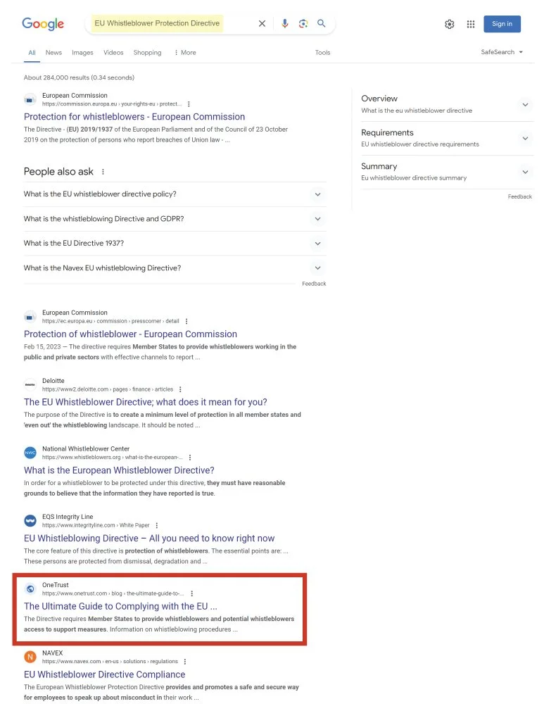 Front page keyword ranking for EU Whistleblower Protection Directive