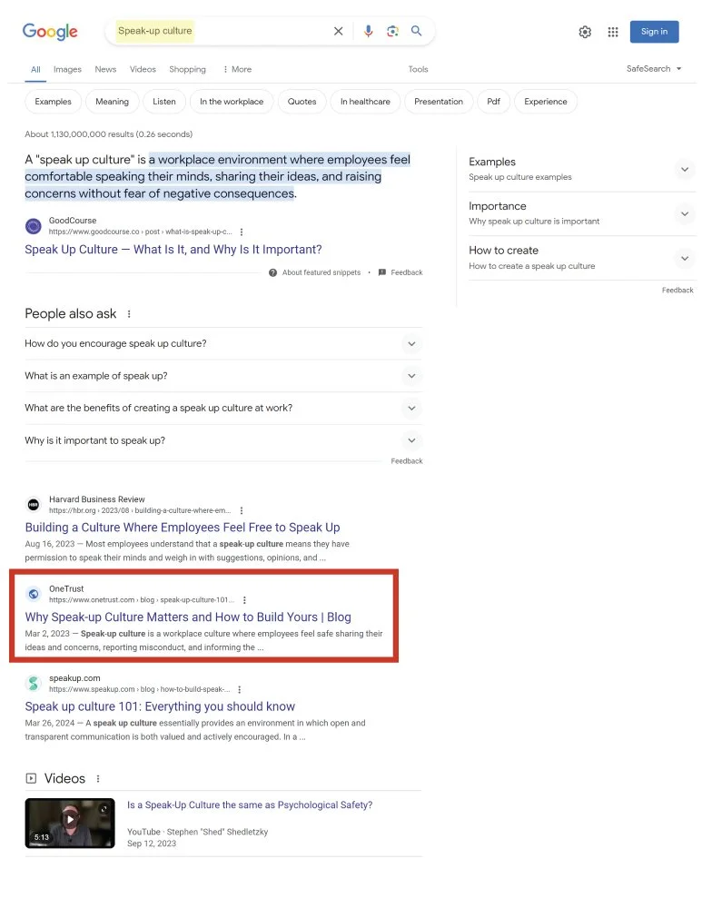 Front page keyword ranking for Speak-up culture