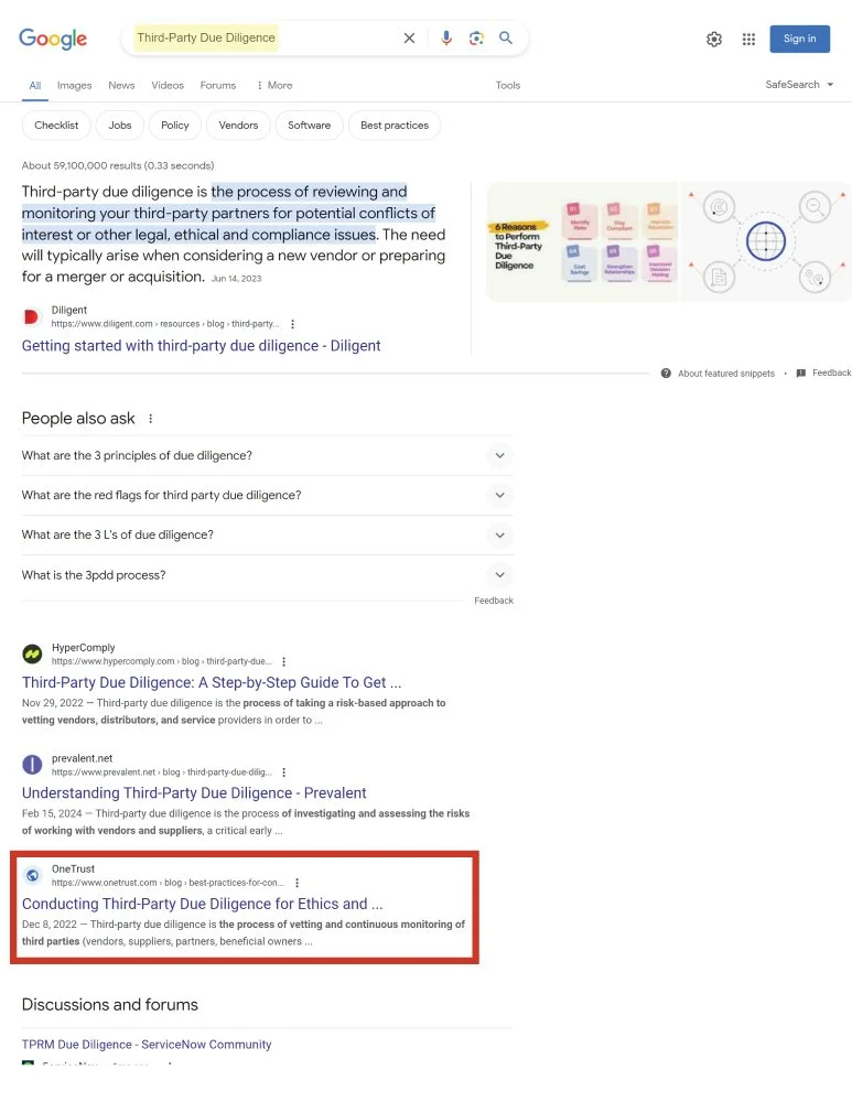 Front page keyword ranking for third-party due diligence