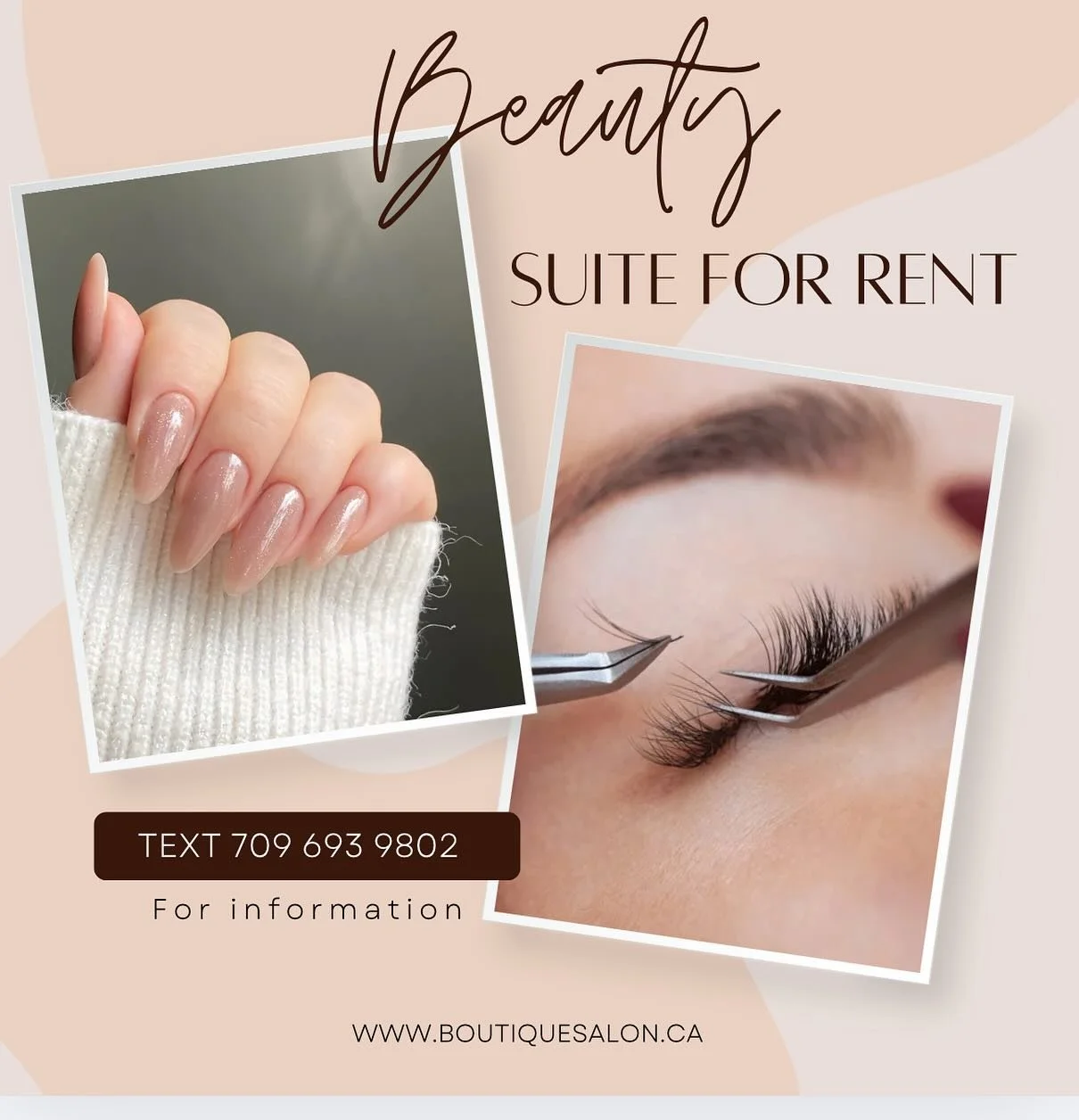Are you a nail or lash artist? We have a suite available for you! Spacious room, great location, lots of parking, temperature controlled, established suite salon. 
Text 709 693 9802 for information #yyt #709
