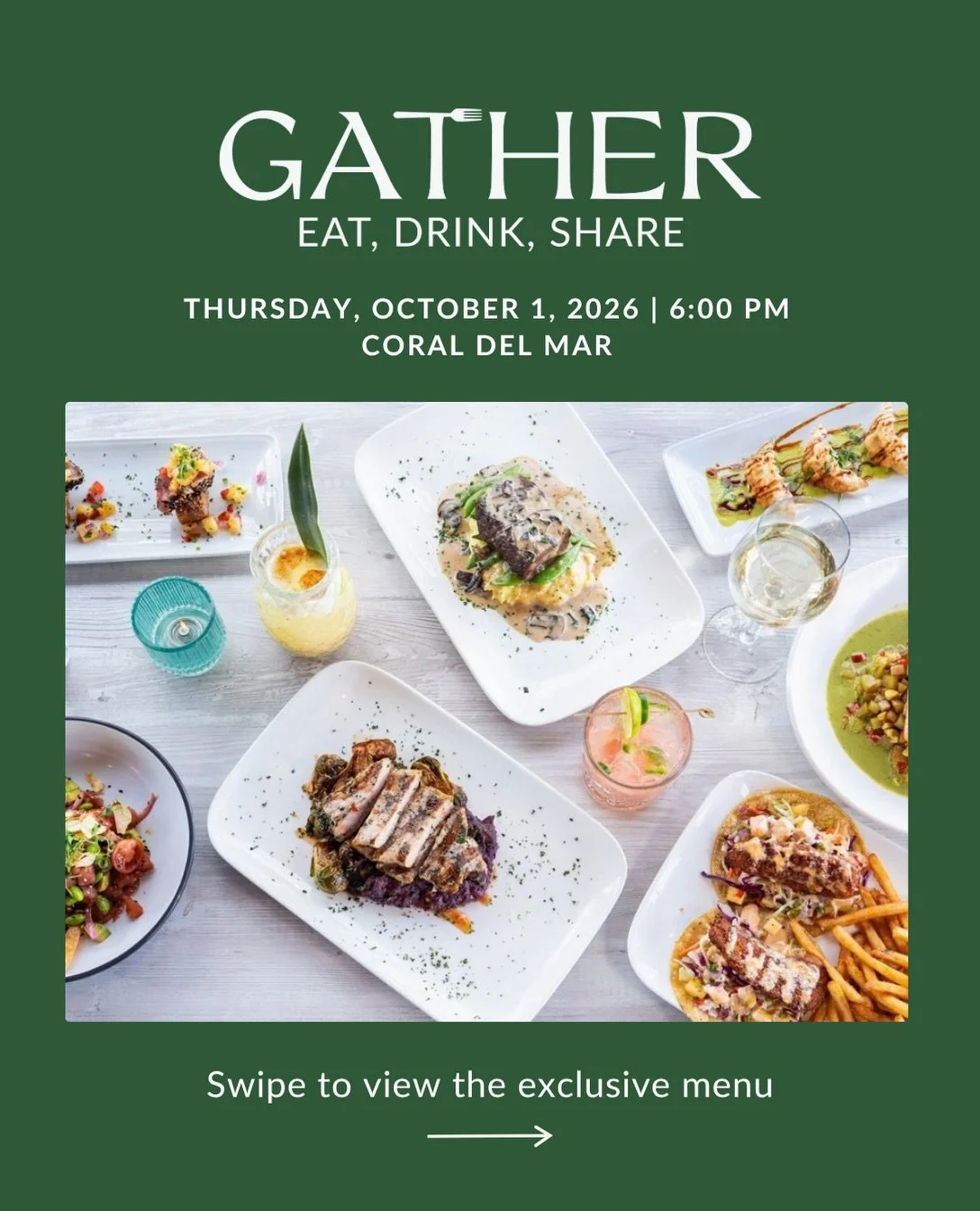 Gather is back and we have a sneak peak of the exclusive menu!

An intimate, one-night-only seaside dinner at @eatatcoral_delmar featuring cocktails, a multi-course family-style meal by Chef Jesus Ba&ntilde;os, curated wine pairings, and great conver