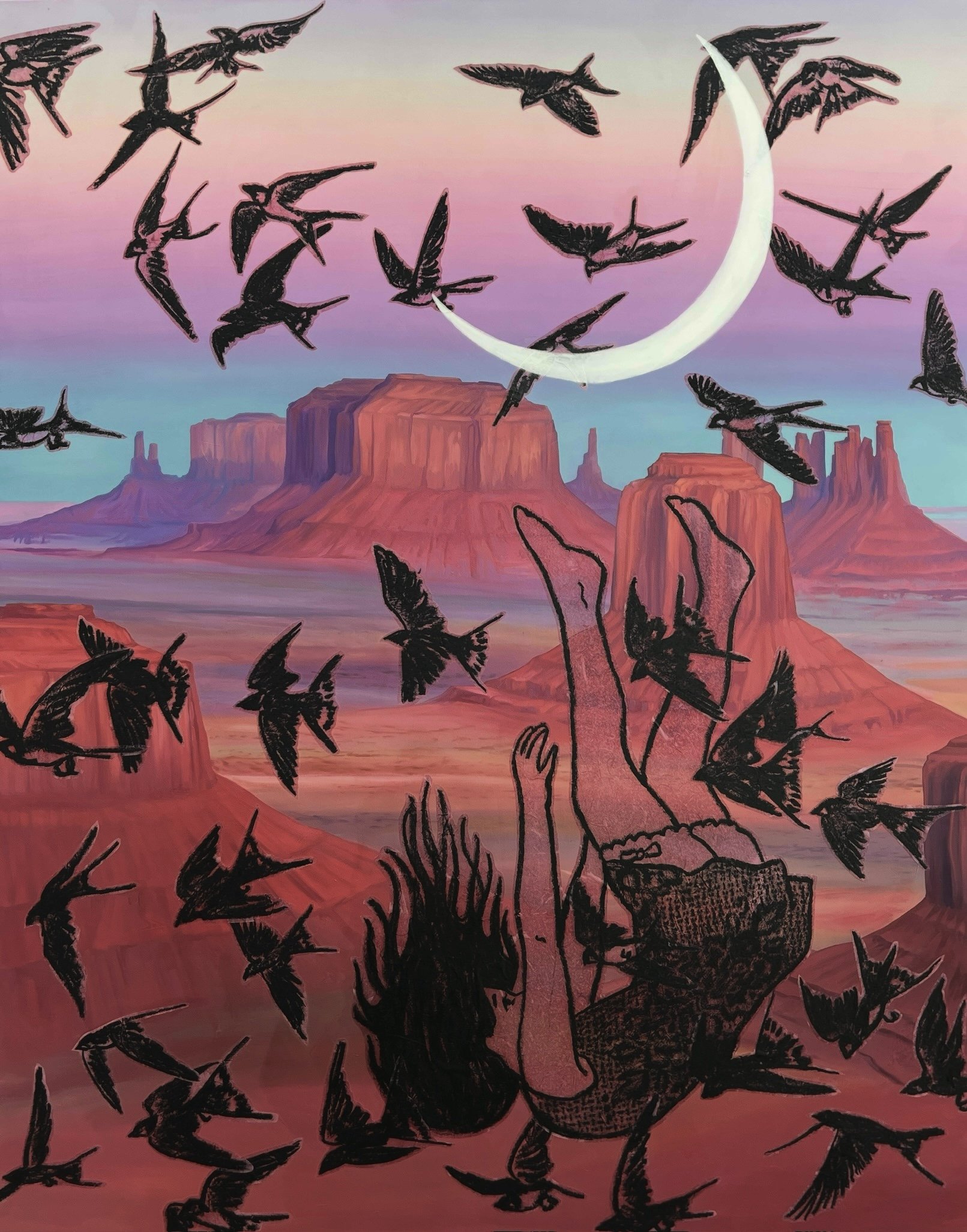 Gravity Of Grief, Oil on canvas with mixed media, 60”x 48”, 2025 (Available)