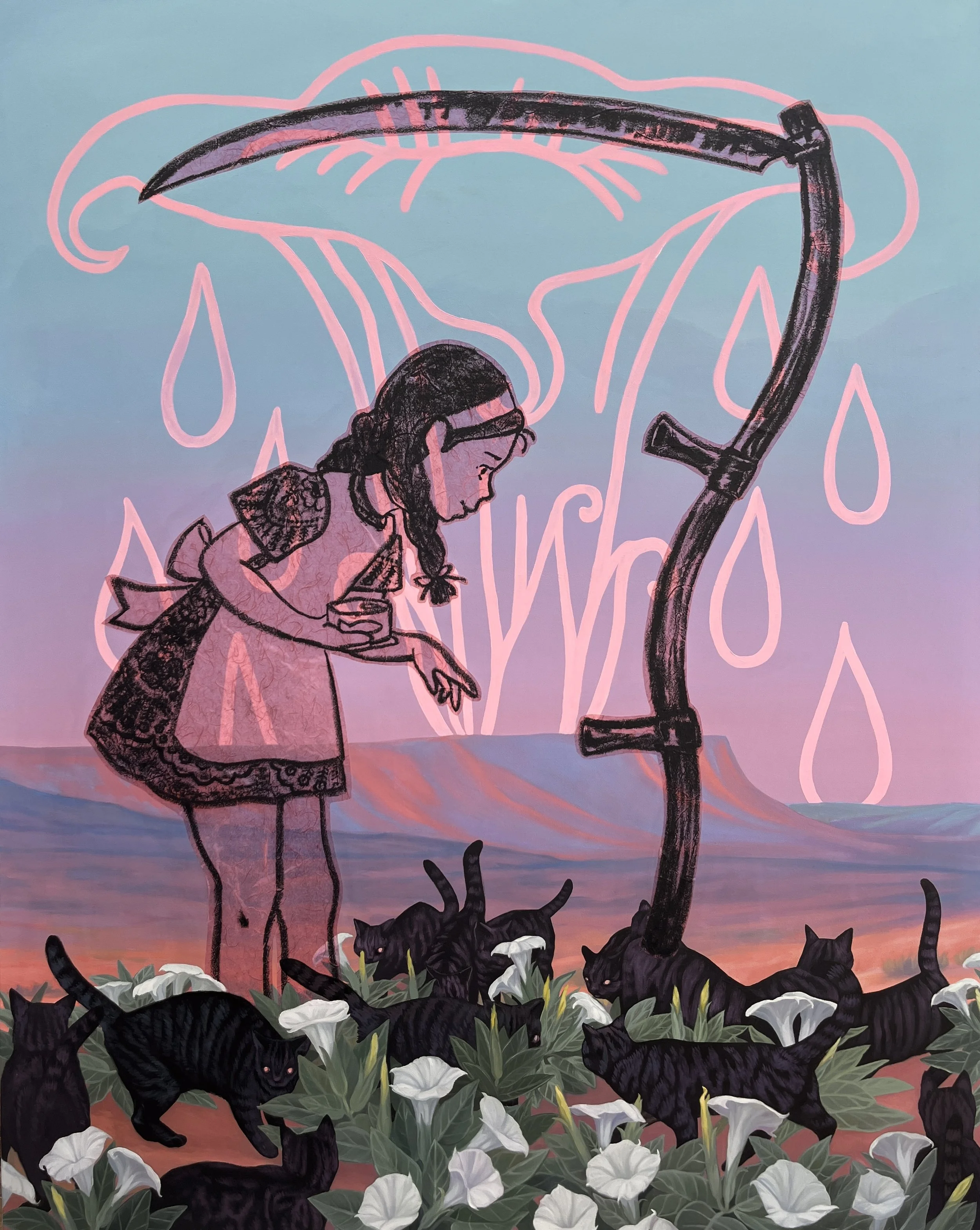 Mourning in the Absence of Mercy, Oil on canvas with mixed media, 60”x 48”, 2025 (Available)