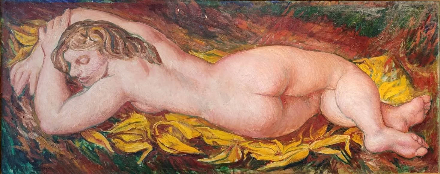 Isaac Díaz Pardo. Nu sobre follas de maínzo. Óleo sobre lienzo. 64 x 160 cm.