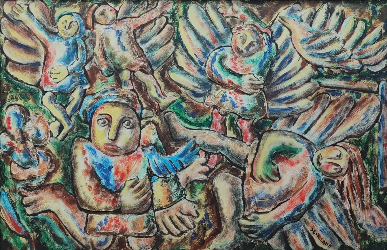 Ángel Sevillano. Cuadro complejo. Óleo sobre tabla. 70 x 108 cm.