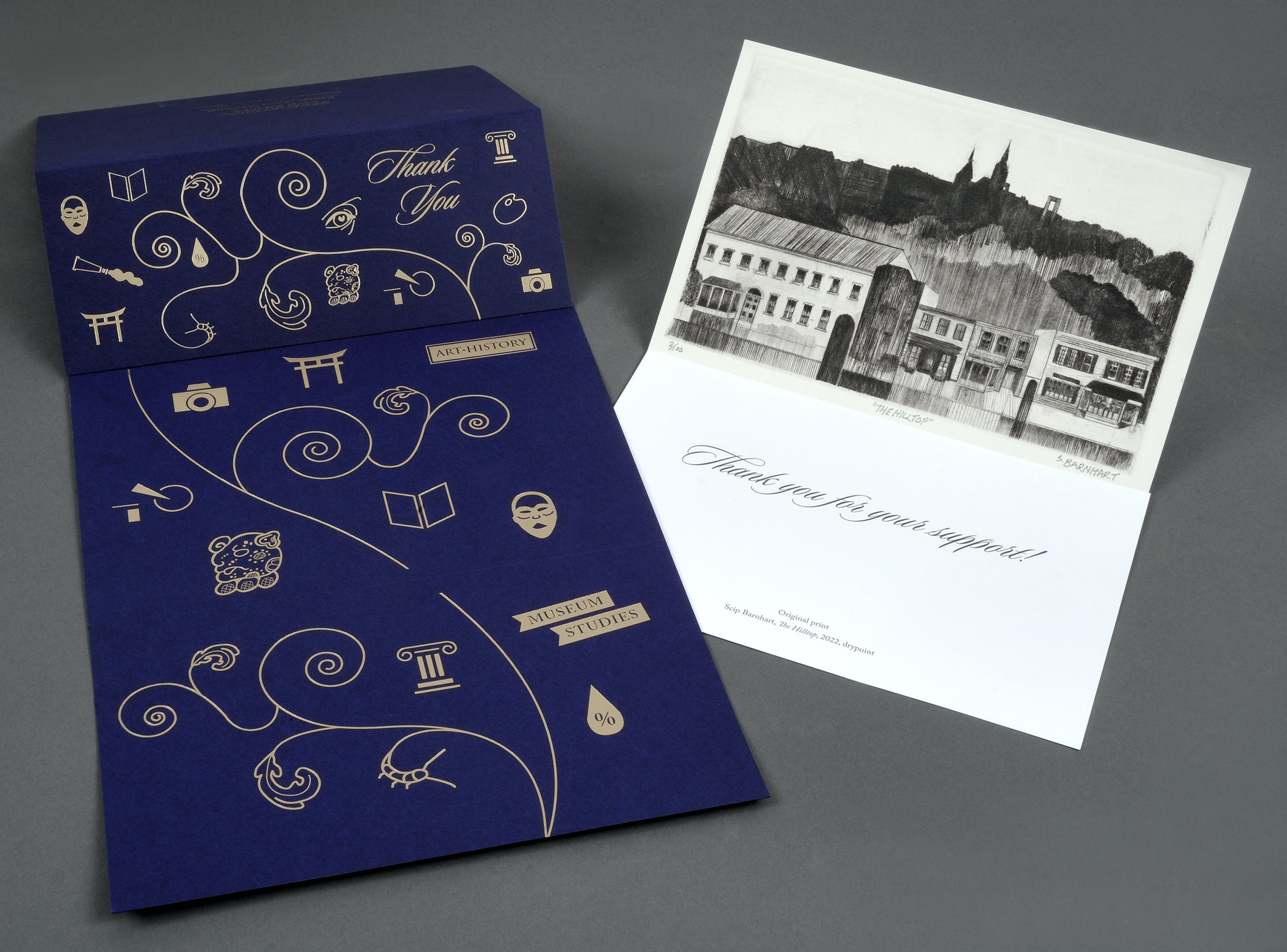 Luxury asymmetrical trifold thank you card was printed with a hot gold foil process on 270g Vivid Indigo Uncoated - Smooth paper, with a single page insert, and custom envelope. A limited-edition etching was created by Scip Barnhardt as a gift for AA