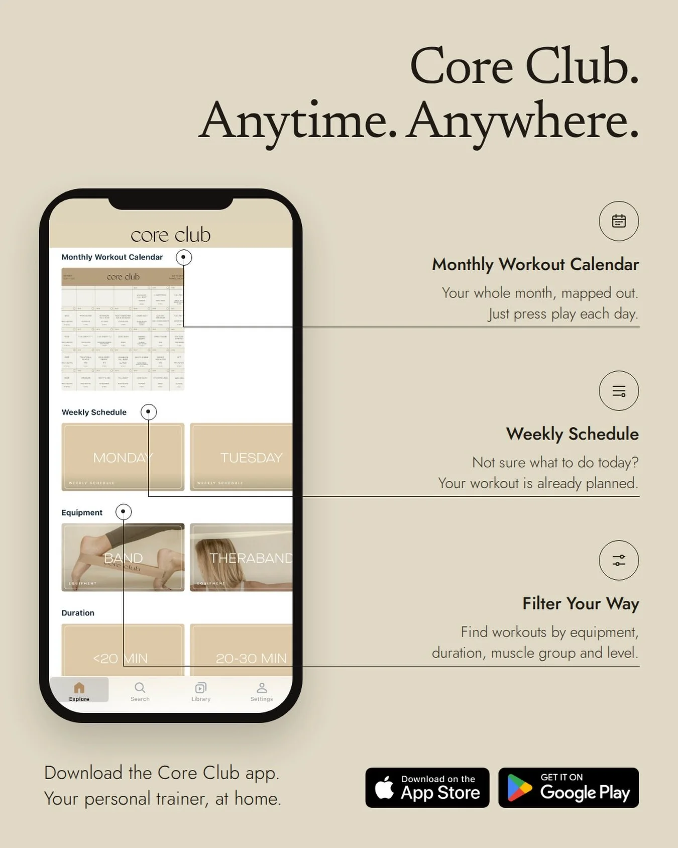 Your workouts, all in one place 🤍

Follow the monthly calendar, check the weekly schedule, or filter by equipment, time and level to find exactly what you need. No guesswork, just press play.

Download the Core Club app and start your 7-day free tri