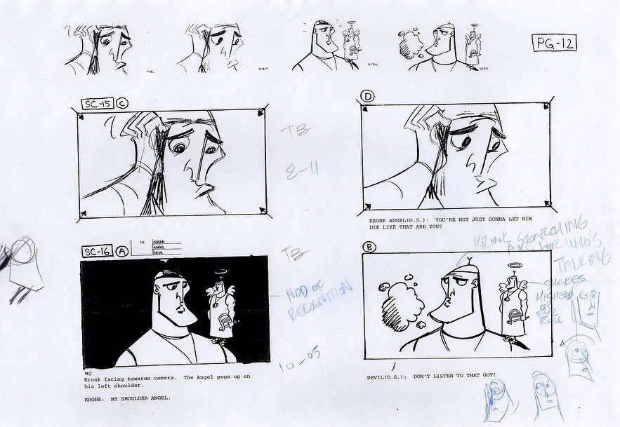 In celebration of Disney&rsquo;s The Emperor&rsquo;s New Groove, more from my archives. These are the workbook pages for the sequence I animated of Kronk first meeting his Angel and Devil conscience for the first time. They are basically Chris Willia