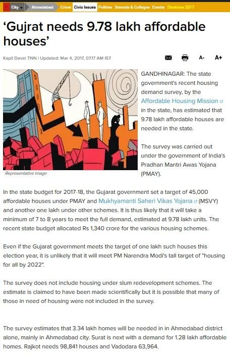 Excerpt from Times of India article on affordable housing shortage in Ahmedabad (Times of India, 4 March 2017)