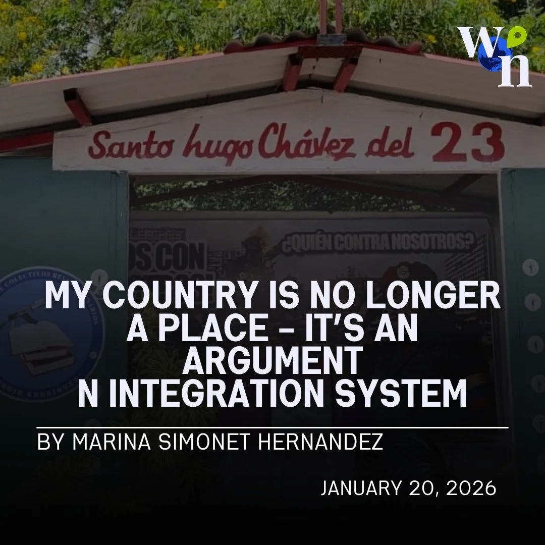 In her powerful essay, Marina Simonet Hernandez reflects on what it means to be Venezuelan in a moment when criticizing Maduro and opposing US intervention can make you an outsider everywhere.
Caught between dictatorship and foreign aggression, she a