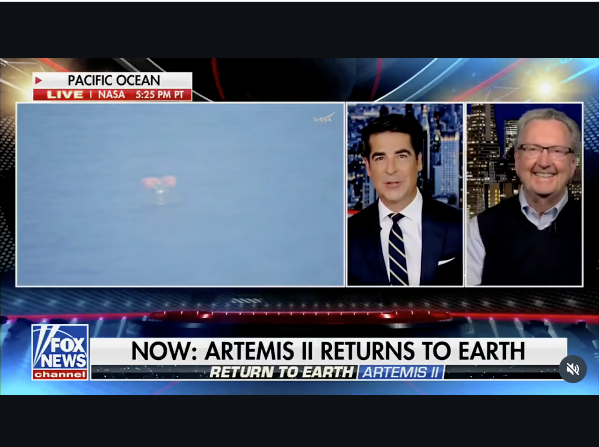 April 2026 - Scott Hubbard speaking with Jesse Watters during special edition coverage of the Artemis II return to earth.