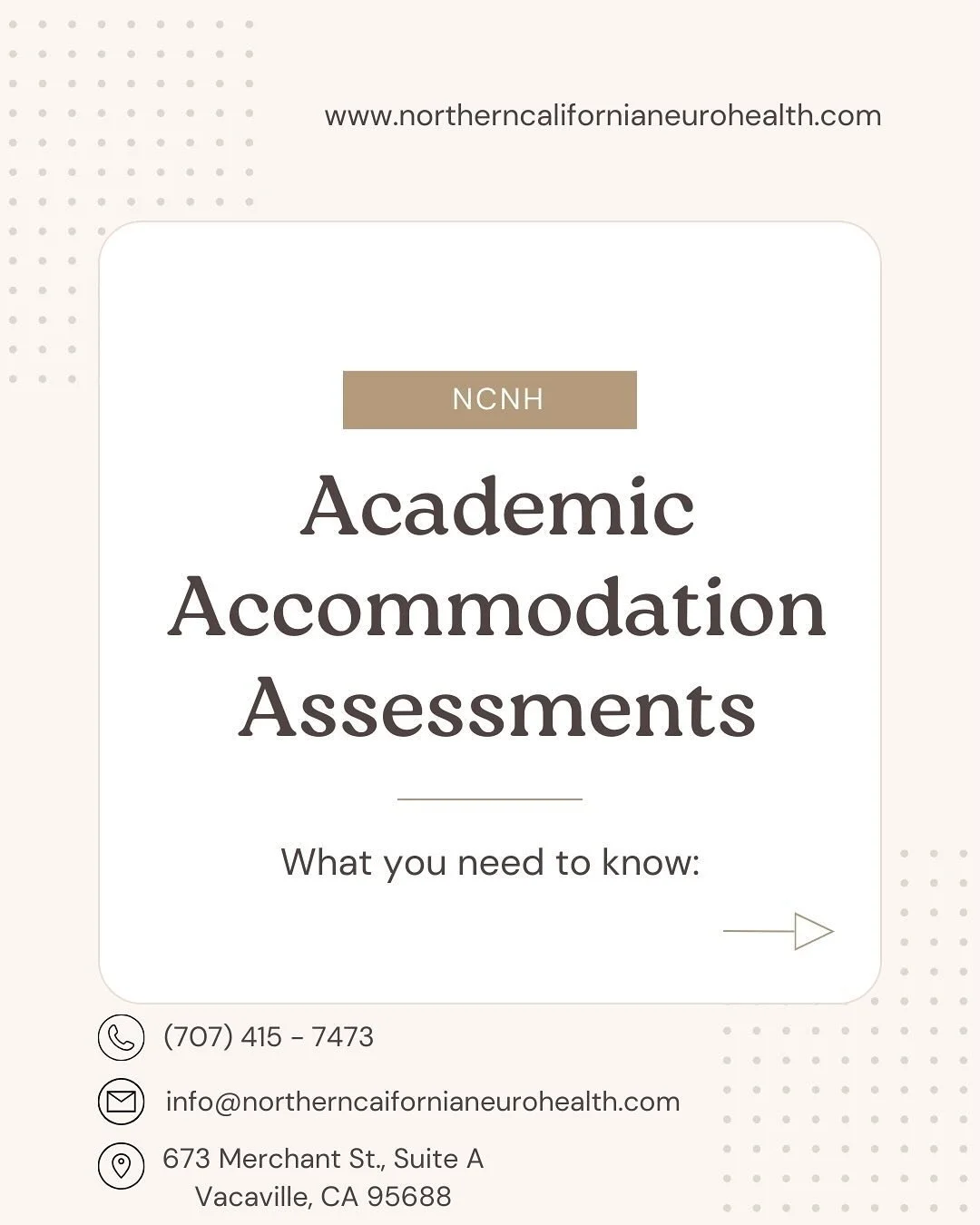 Please refer to our website for additional information on our Academic Accommodation Assessments and other services! ππ§ #accommodations #college #university #disability #exam #psychology