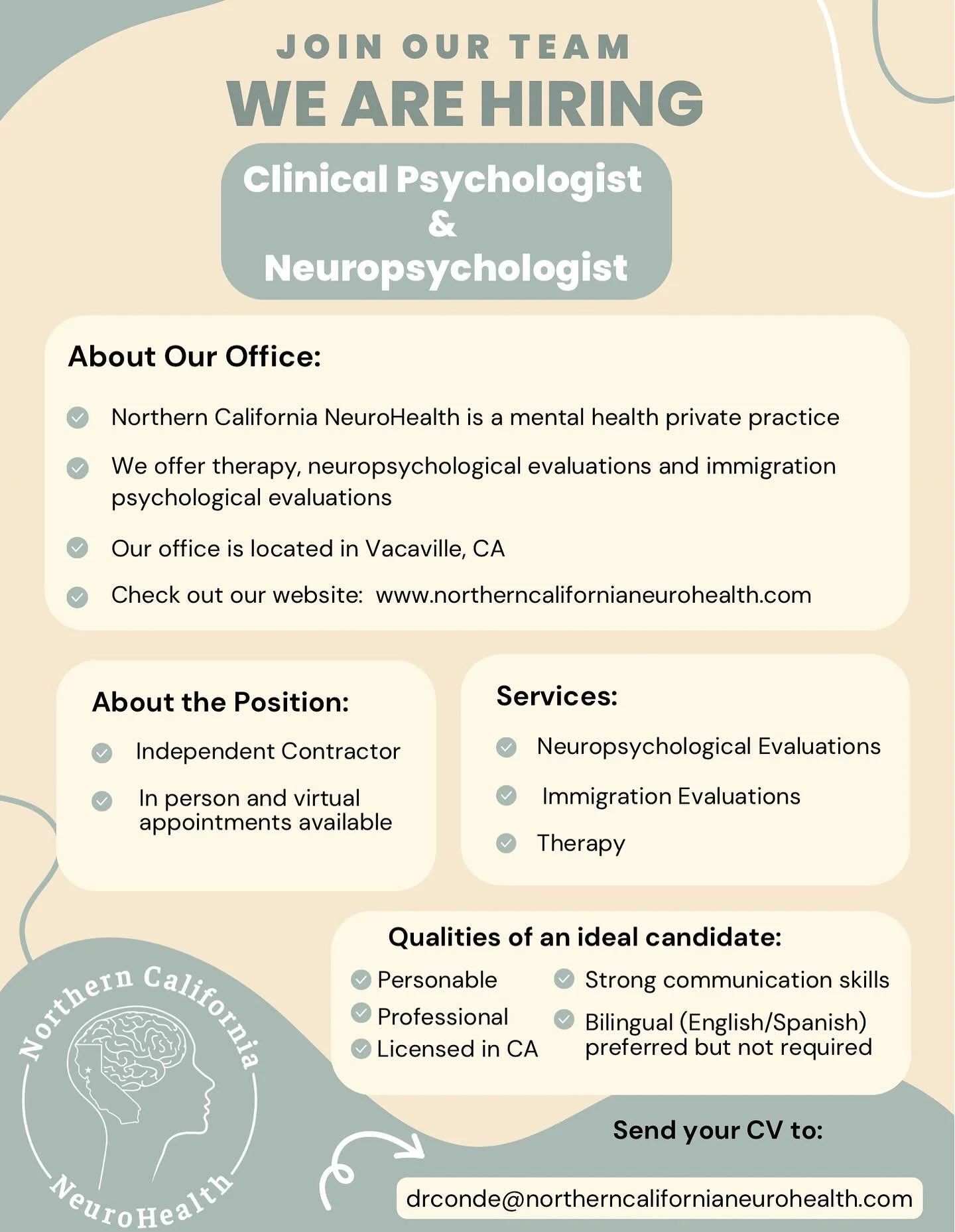 β¨ We’re hiring! β¨
Northern California NeuroHealth is seeking Clinical Psychologists and Neuropsychologist to join our team. If you’re passionate about therapy, evaluations, and supporting diverse communities, we’d love to connect. I