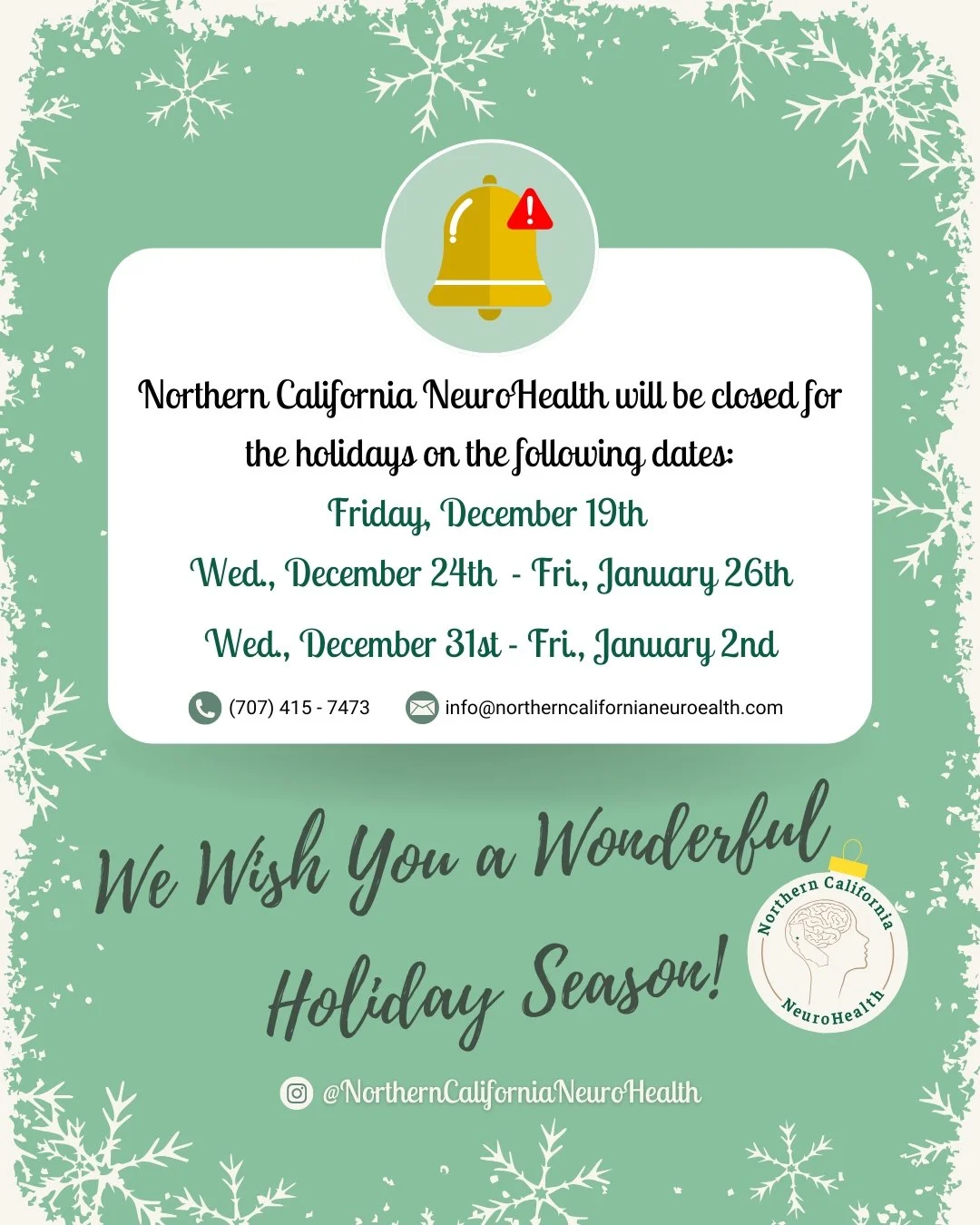 With the holidays around just around the corner, we have made some updates to our office's hours of operation ⏰🔔! We will remain open during our usual hours outside of these closures 🙌. Please feel free to call or email the office with any question