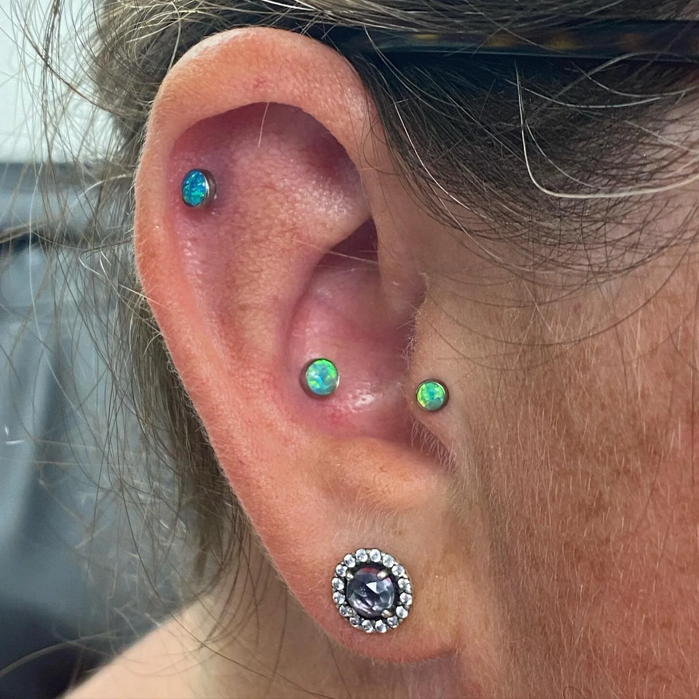 Classic @anatometalinc opals always look good 💚 healed helix and tragus. Fresh conch. Thanks, Laura 🙏🏼