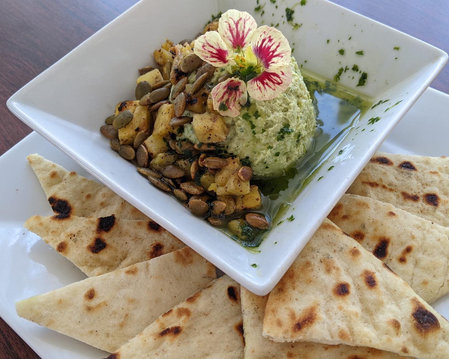 Special this weekend! Edamame Hummus with Pepitas and Sumac Grilled Pineapple, and Cantaloupe Daiquiri - using melons from Mountain View Farm!