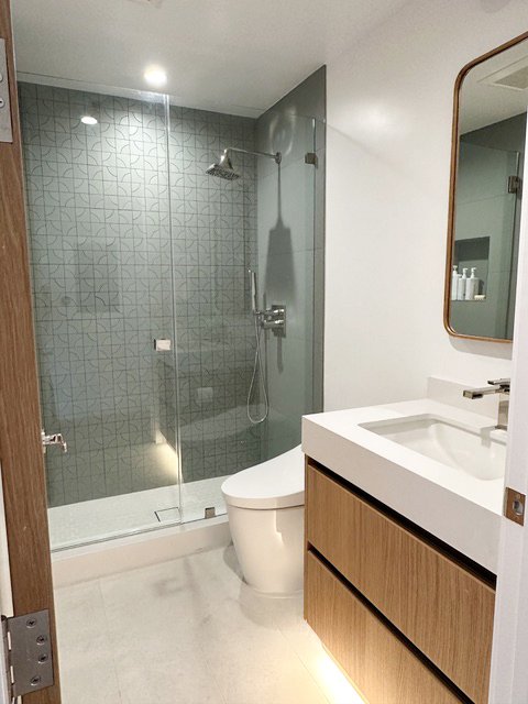 Modern bathroom with glass-enclosed shower, toilet, and wooden vanity with a white sink and mirror.