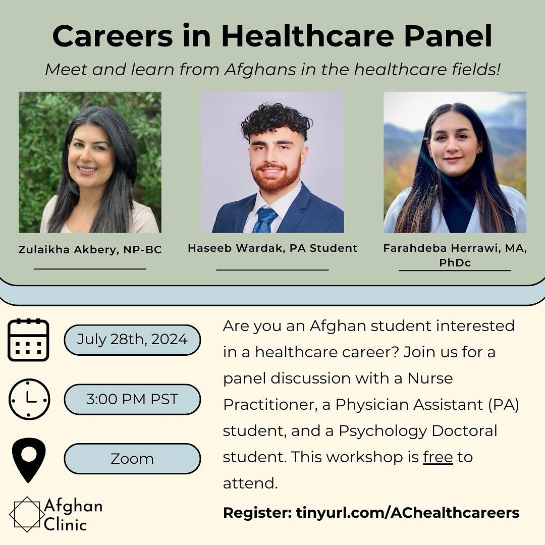 🇦🇫 Are you an Afghan interested in learning more about healthcare careers? 🇦🇫

Join us for a Zoom panel featuring Afghans in the field!

Register at tinyurl.com/AChealthcareers and we will send the Zoom information ahead of the event!

This panel